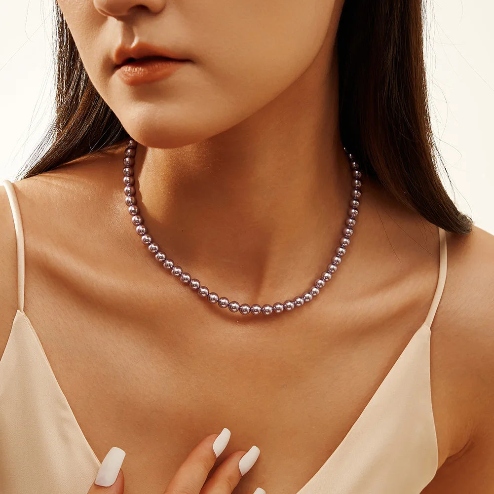 ORSA JEWELS 6mm Natural Shell Pearls Beaded Necklace 925 Silver Pink Purple Round Shell Choker Chain Wedding Pearl Chain PSN03