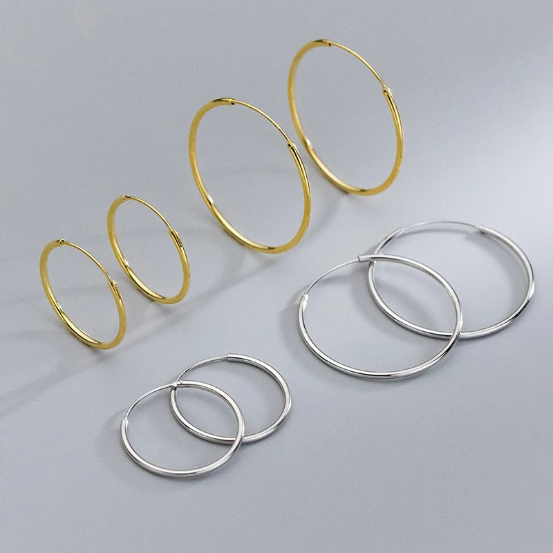 Real 925 Sterling Silver 1.2/1.5mm Wire Diameter Large Round Hoop Earrings for Women Classic Fine Jewelry Minimalist Accessories
