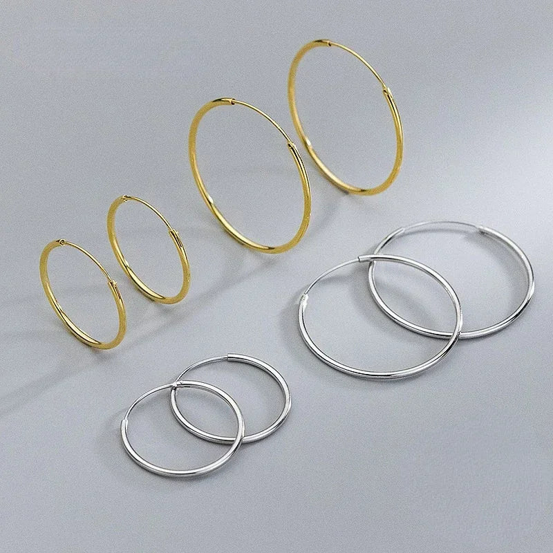 Real 925 Sterling Silver 1.2/1.5mm Wire Diameter Large Round Hoop Earrings for Women Classic Fine Jewelry Minimalist Accessories
