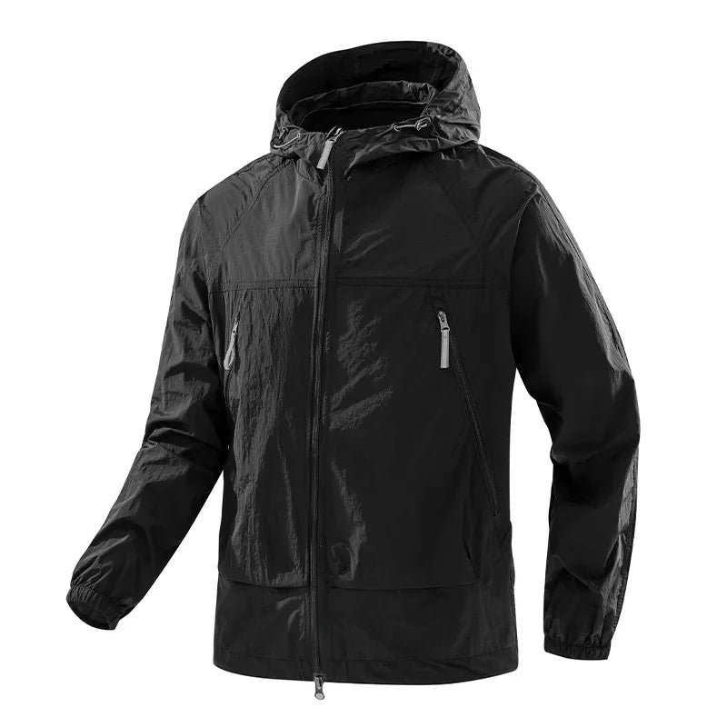 UPF50+Men's Hooded Windbreaker Jacket - Ultra Light Summer Zipper Pocket Elastic Cuffs Suitable for Outdoor Hiking and Running