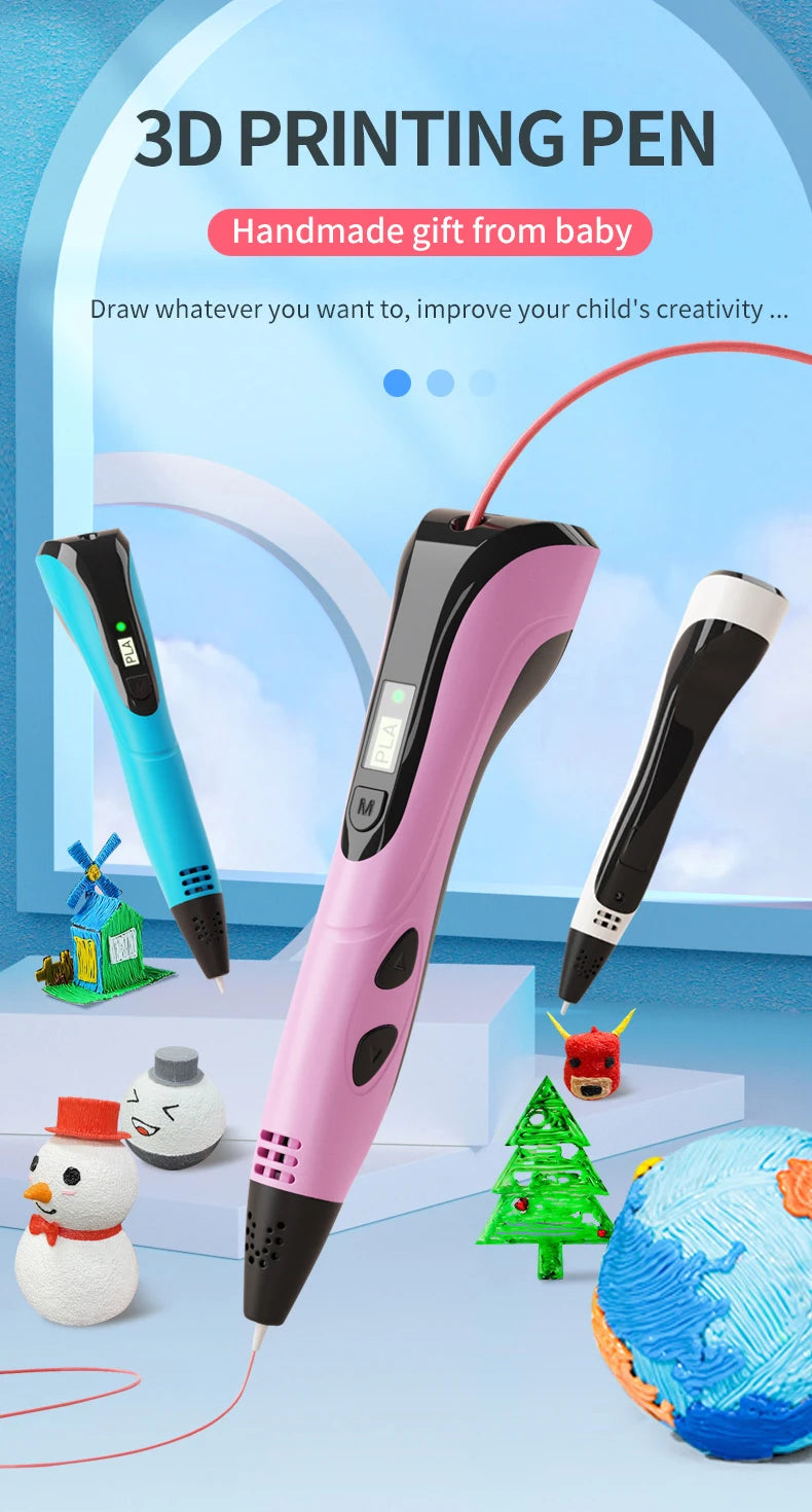3D Printing Pen With LED Display 3D Pen Set for Kids Filament Children USB Drawing Tool Drawing Toy DIY Christmas Birthday Gift