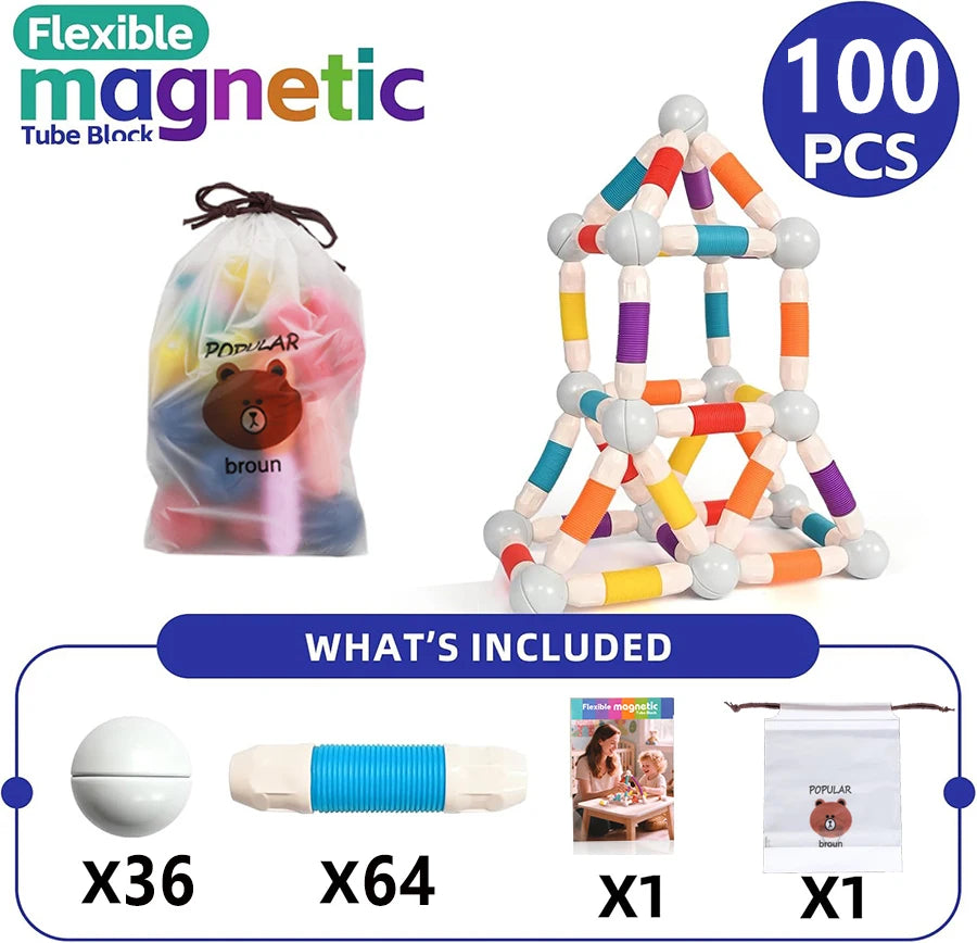 Flexible Retractable Magnetic Sticks Building Toy Set, Magnetic Tube Block, Flexible STEM Building Toys for 3+ Year Block Toys