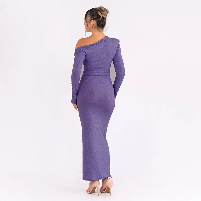 Elegant Long Sleeved One Shoudle Shiny Pleated Bodycon Party Evening Dress Women Spring New 2025 Tight Sexy Prom Vestidos
