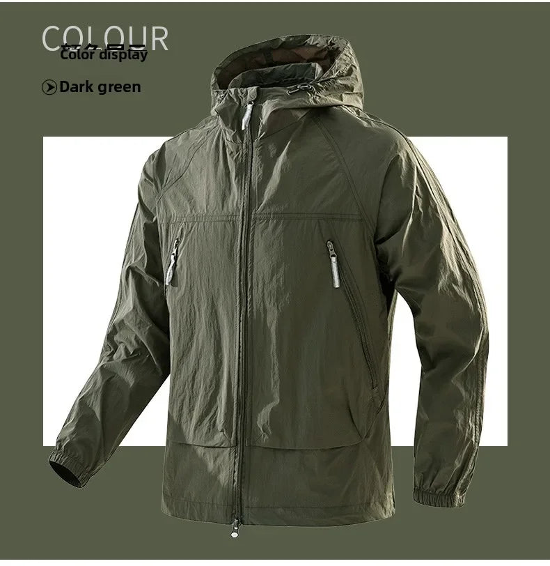 UPF50+Men's Hooded Windbreaker Jacket - Ultra Light Summer Zipper Pocket Elastic Cuffs Suitable for Outdoor Hiking and Running