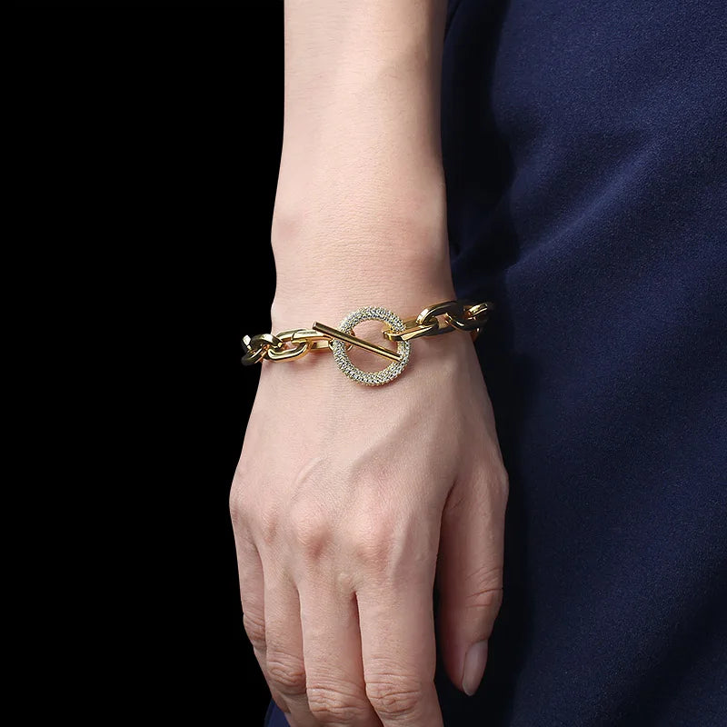 316L Stainless Steel Paperclip Links Bracelets With Cubic Zirconia T Toggle Clasp Waterproof Wristband Punk Hip Hop Jewelry