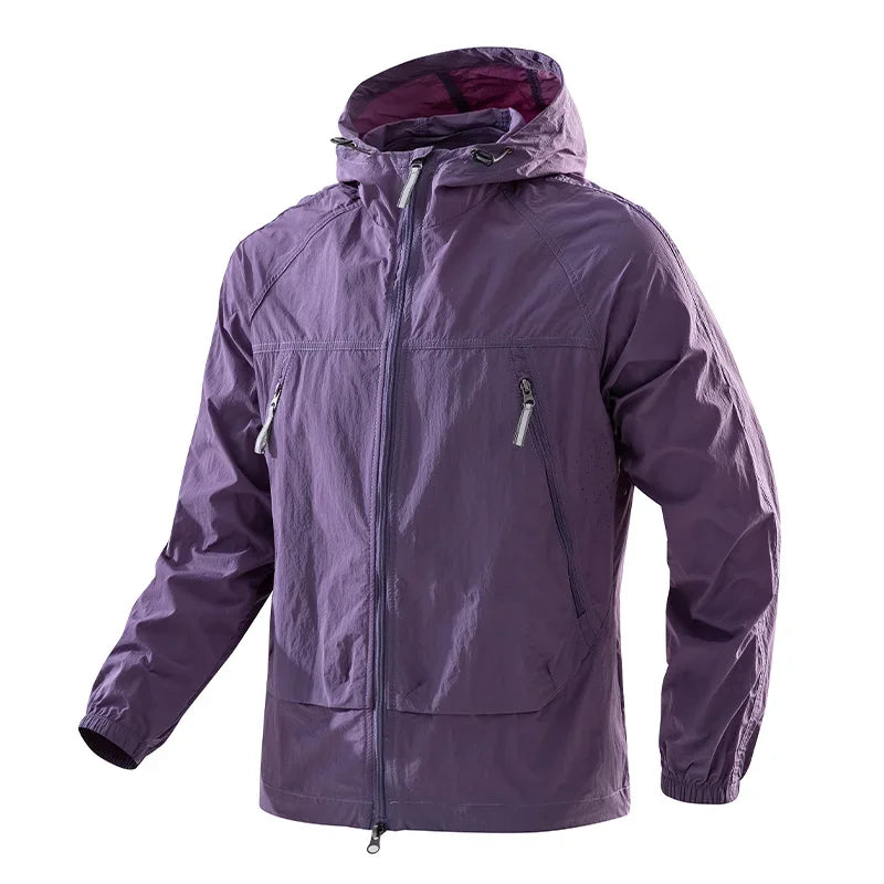 UPF50+Men's Hooded Windbreaker Jacket - Ultra Light Summer Zipper Pocket Elastic Cuffs Suitable for Outdoor Hiking and Running