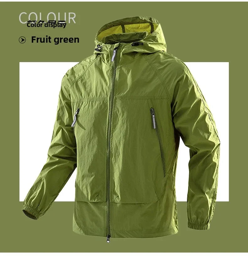 UPF50+Men's Hooded Windbreaker Jacket - Ultra Light Summer Zipper Pocket Elastic Cuffs Suitable for Outdoor Hiking and Running