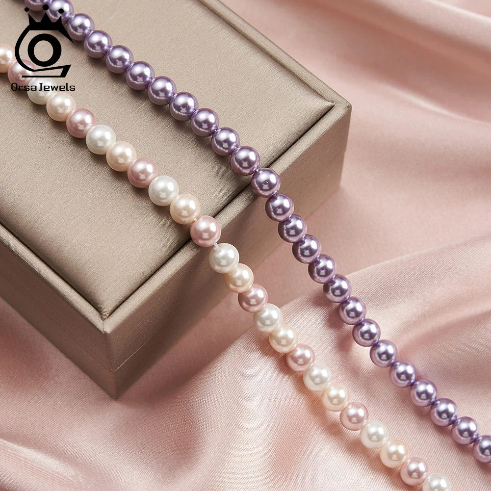 ORSA JEWELS 6mm Natural Shell Pearls Beaded Necklace 925 Silver Pink Purple Round Shell Choker Chain Wedding Pearl Chain PSN03