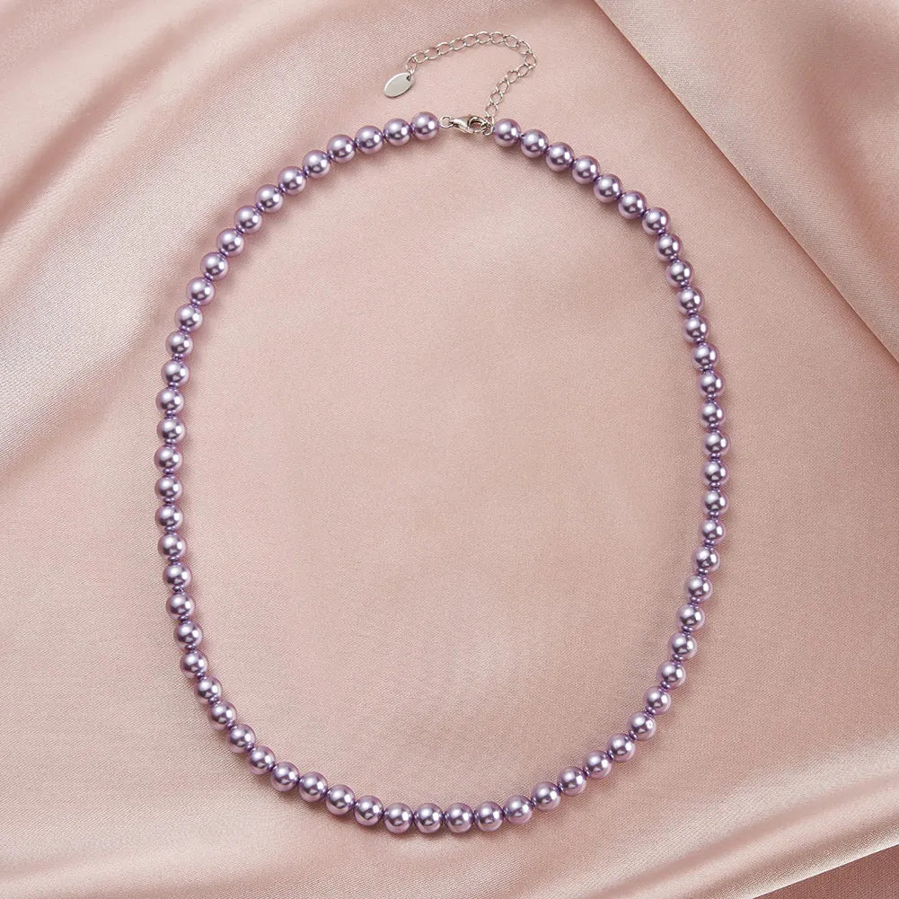 ORSA JEWELS 6mm Natural Shell Pearls Beaded Necklace 925 Silver Pink Purple Round Shell Choker Chain Wedding Pearl Chain PSN03