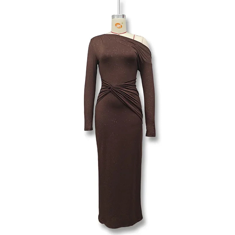 Elegant Long Sleeved One Shoudle Shiny Pleated Bodycon Party Evening Dress Women Spring New 2025 Tight Sexy Prom Vestidos