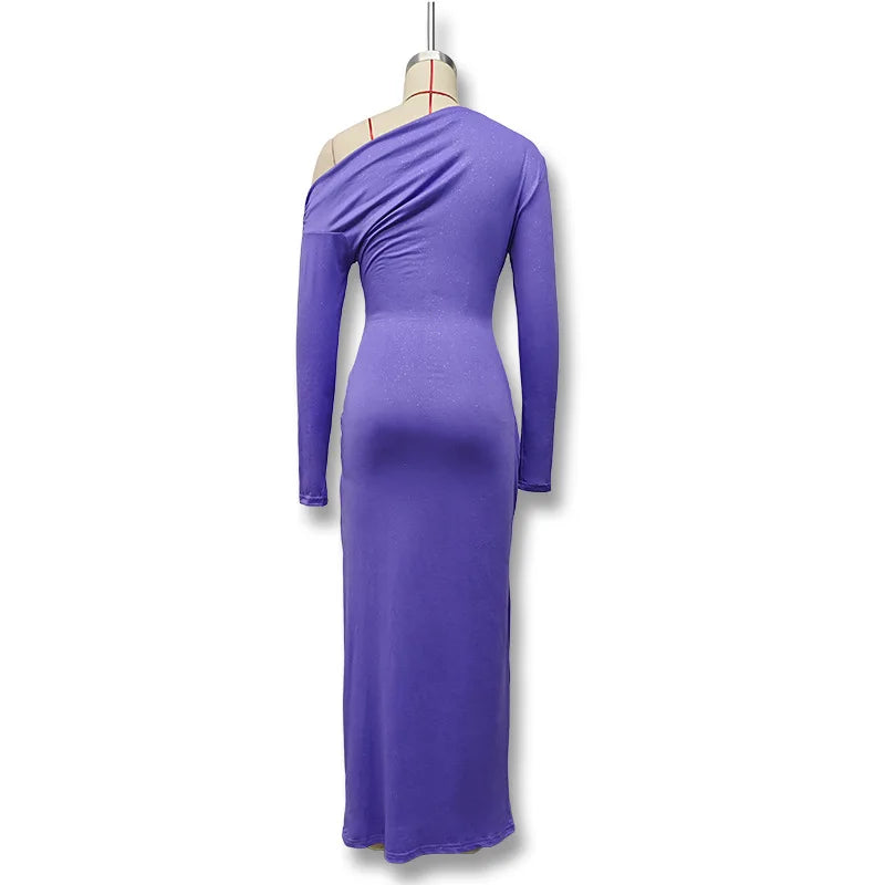 Elegant Long Sleeved One Shoudle Shiny Pleated Bodycon Party Evening Dress Women Spring New 2025 Tight Sexy Prom Vestidos