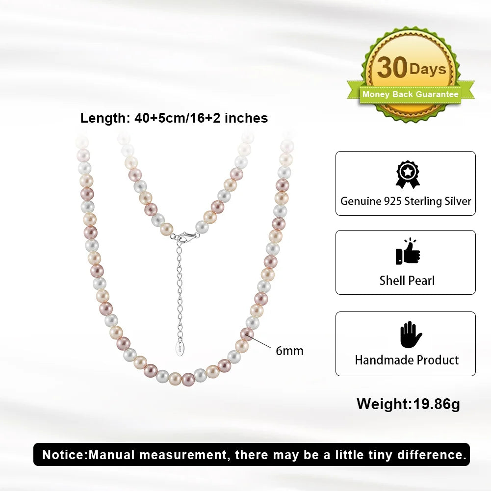 ORSA JEWELS 6mm Natural Shell Pearls Beaded Necklace 925 Silver Pink Purple Round Shell Choker Chain Wedding Pearl Chain PSN03