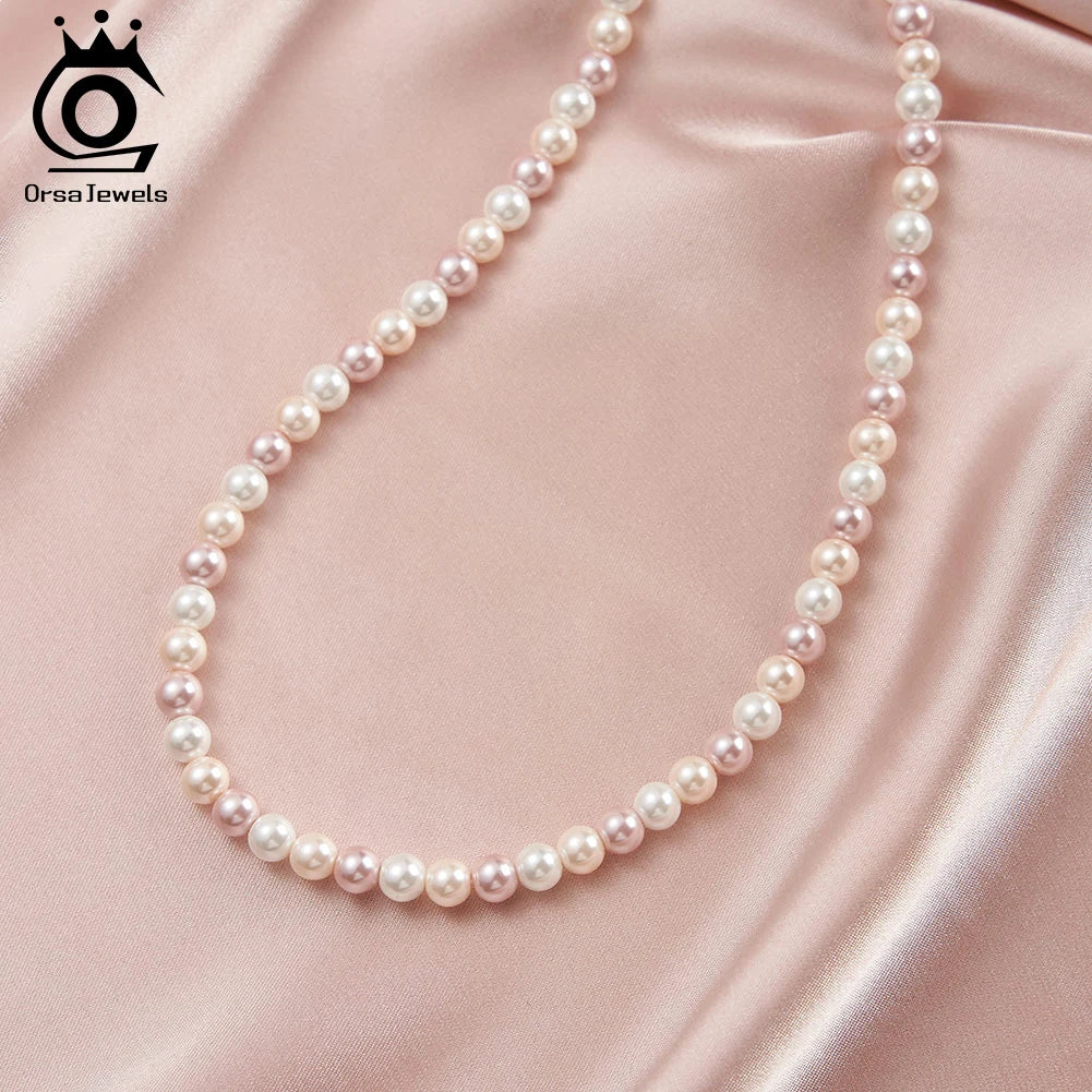 ORSA JEWELS 6mm Natural Shell Pearls Beaded Necklace 925 Silver Pink Purple Round Shell Choker Chain Wedding Pearl Chain PSN03