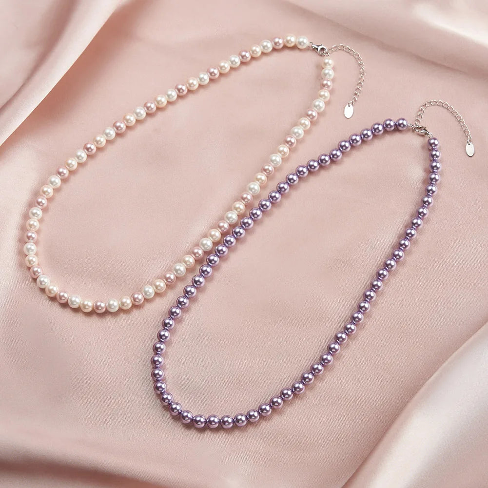 ORSA JEWELS 6mm Natural Shell Pearls Beaded Necklace 925 Silver Pink Purple Round Shell Choker Chain Wedding Pearl Chain PSN03