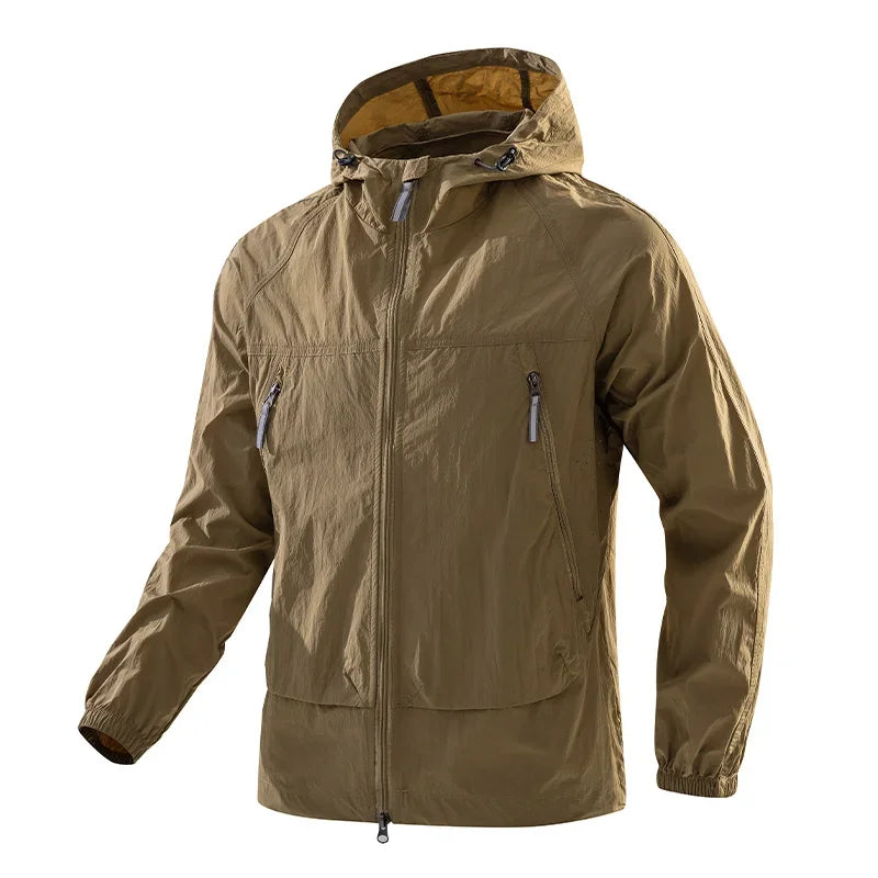 UPF50+Men's Hooded Windbreaker Jacket - Ultra Light Summer Zipper Pocket Elastic Cuffs Suitable for Outdoor Hiking and Running
