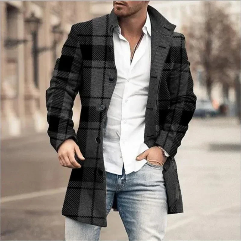 Checkered Men's Trench 2025 New Coat Autumn Winter Outdoor Casual Fashion Windproof Trench Coat Woolen Jacket Clothing