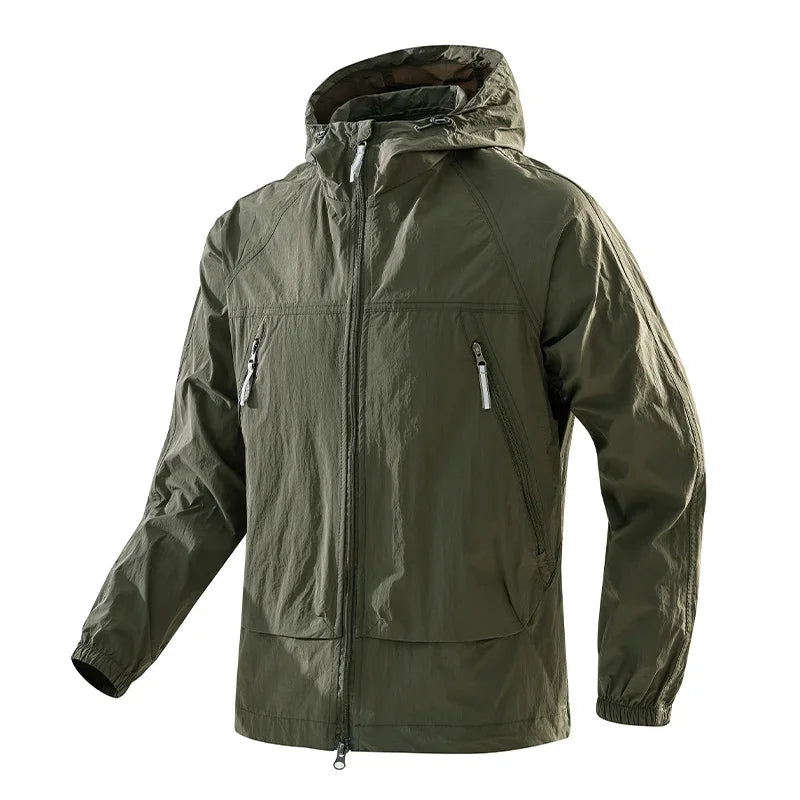UPF50+Men's Hooded Windbreaker Jacket - Ultra Light Summer Zipper Pocket Elastic Cuffs Suitable for Outdoor Hiking and Running