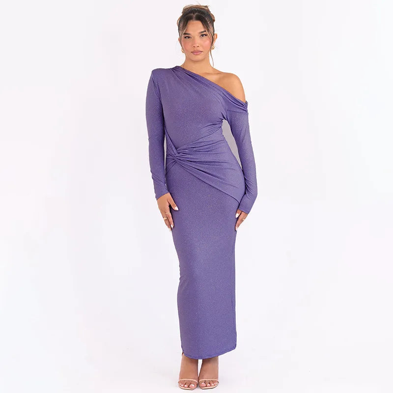 Elegant Long Sleeved One Shoudle Shiny Pleated Bodycon Party Evening Dress Women Spring New 2025 Tight Sexy Prom Vestidos