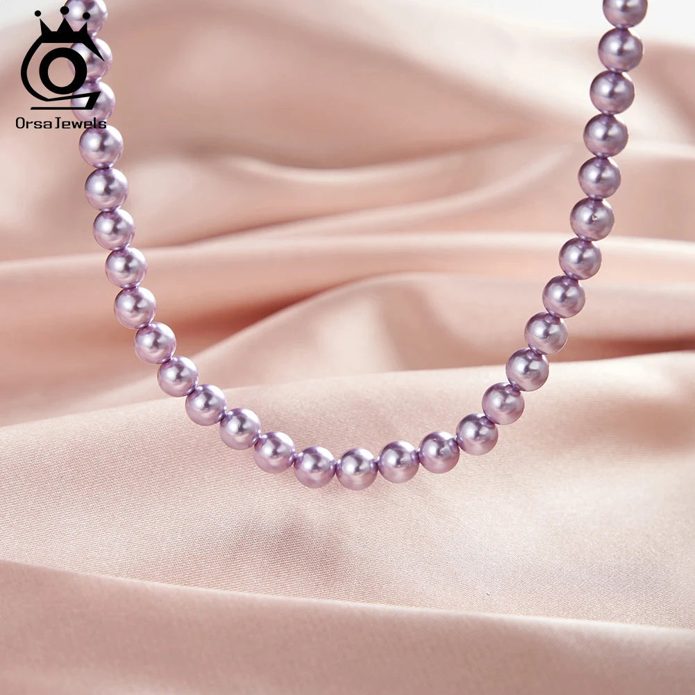 ORSA JEWELS 6mm Natural Shell Pearls Beaded Necklace 925 Silver Pink Purple Round Shell Choker Chain Wedding Pearl Chain PSN03