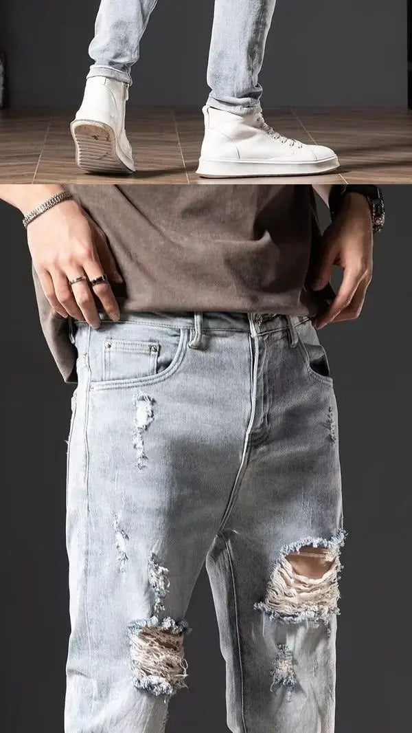 Trendy Brand Ripped Light-color Jeans Men's 2025 Spring Summer Thin Slim-fit Pants Ruffian Hands Pants Ripped Jeans Men Clothing