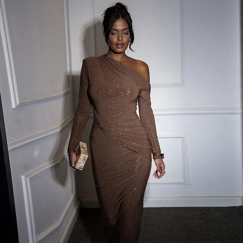 Elegant Long Sleeved One Shoudle Shiny Pleated Bodycon Party Evening Dress Women Spring New 2025 Tight Sexy Prom Vestidos
